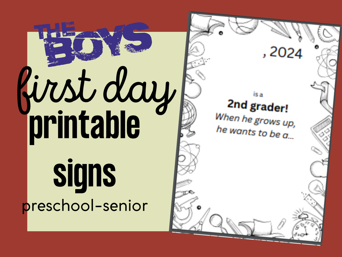 Boy's First Day of School Sign Black and White Border Printable